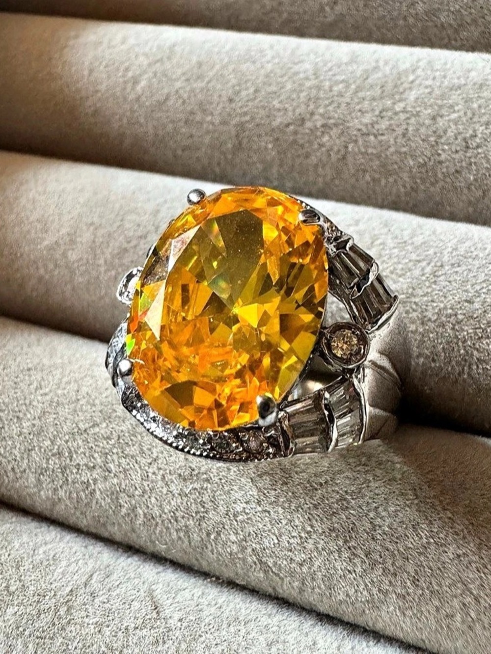 Huge Golden Yellow Oval Clear Baguette Statement Cocktail Ring Size 8
